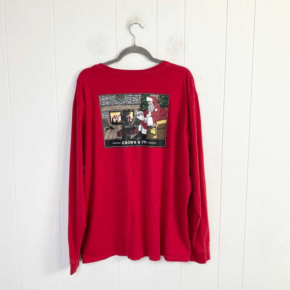 Crown & Ivy Mens Red Santa Dog Fireplace Graphic Long Sleeve Tee XL